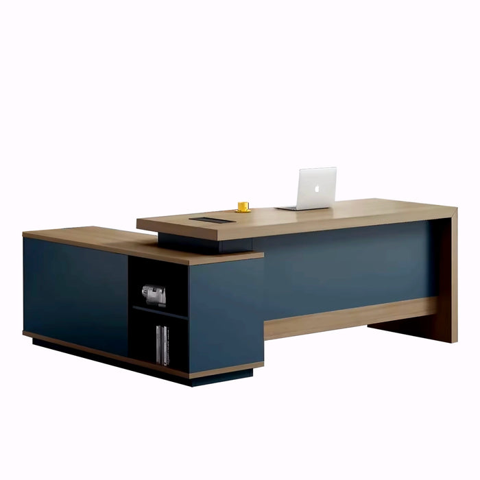 Arcadia 现代专业米色棕褐色和蓝色行政 L 形办公桌，带抽屉和存储空间，适合家庭和商业使用，配有回程桌、电缆管理、密码锁和宽敞的设计