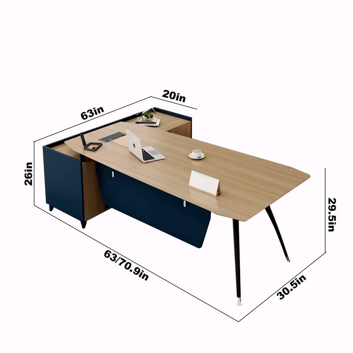 Arcadia 舒适专业米色棕褐色和蓝色行政 L 形办公桌，带抽屉和存储空间，适合家庭和商业使用，配有回程桌、电缆管理、密码锁和宽敞的设计