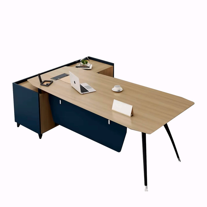 Arcadia Comfy Professional Beige Tan and Blue Executive L-shaped Office Desk with Drawers and Storage for Home and Business Use with Return Desk, Cable Management, Password Lock, and Spacious Design