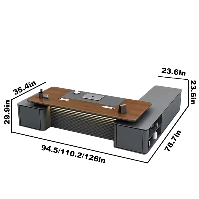 Arcadia 大号（90 至 130 英寸）高端棕色和蓝灰色 L 形行政家庭办公桌，带抽屉和储物空间、电缆管理和无线充电 + USB