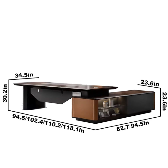 Arcadia 大型（90 至 120 英寸）高端黑色和棕灰色行政 L 形家庭办公桌，带抽屉和储物空间、电缆管理和无线充电 + USB