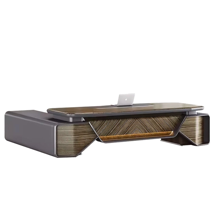 Arcadia 豪华高端品质金棕色 L 形 CEO 行政办公桌，带指纹锁抽屉和橱柜储物柜，耐用表面和光滑桌面
