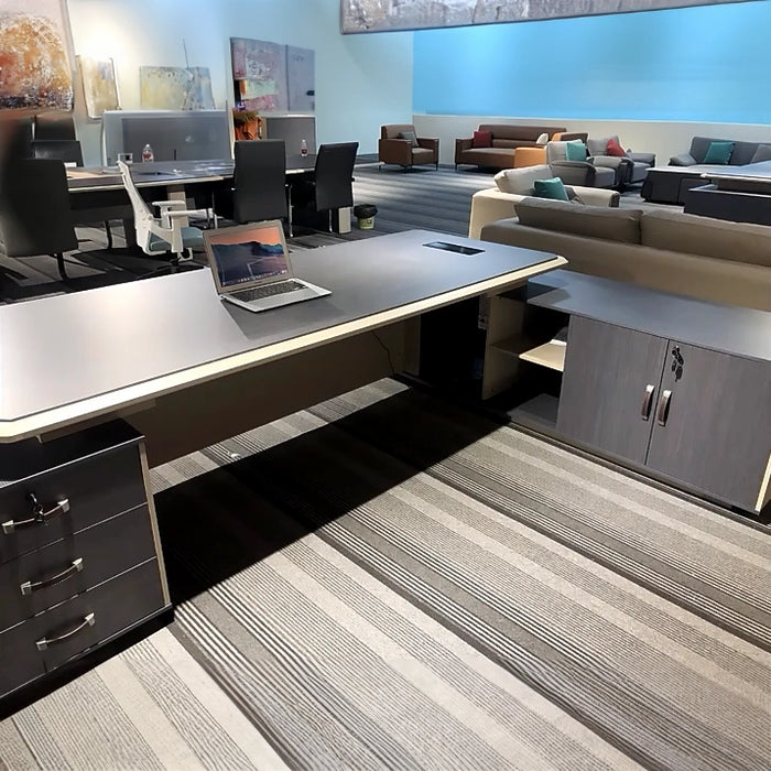 Arcadia 宽敞专业米色棕褐色和深蓝色/黑色行政 L 形办公桌，带抽屉和存储空间，适合家庭和商业使用，配有回程桌、电缆管理、密码锁和宽敞的设计