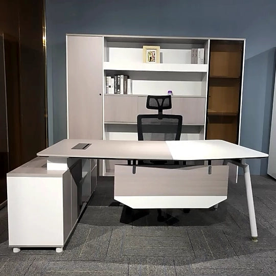 Arcadia Compact Professional Gray and White Executive L-shaped Office Desk with Drawers and Storage for Home and Business Use with Return Desk, Cable Management, Password Lock, and Spacious Design