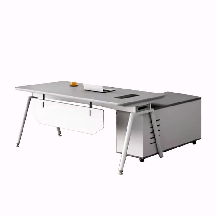 Arcadia 紧凑型专业灰白色行政 L 形办公桌，带抽屉和存储空间，适合家庭和商业使用，配有回程桌、电缆管理、密码锁和宽敞的设计