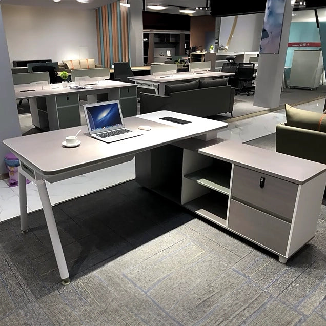 Arcadia 便捷专业灰白色行政 L 形办公桌，带抽屉和存储空间，适合家庭和商业使用，配有回程桌、电缆管理、密码锁和宽敞的设计