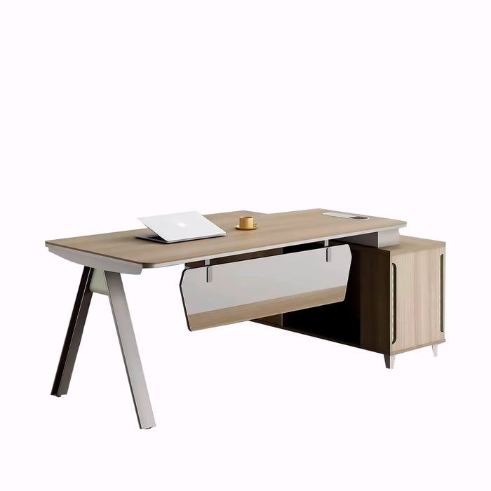 Arcadia 紧凑型专业灰色和米色行政 L 形办公桌，带抽屉和存储空间，适合家庭和商业使用，配有回程桌、电缆管理、密码锁和宽敞的设计