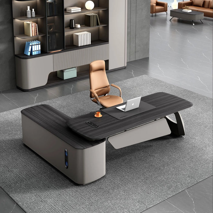 Arcadia 中型高端超高品质金属灰色行政 L 形转角家用和商用办公桌，配有橡木桌面、抽屉和储物柜、无线和 USB 充电端口以及机械抽屉锁