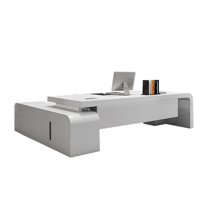 Arcadia Mid-Sized Modern Arctic White Executive L-shaped Home Office Desk with Drawers and Storage, and Cable Management