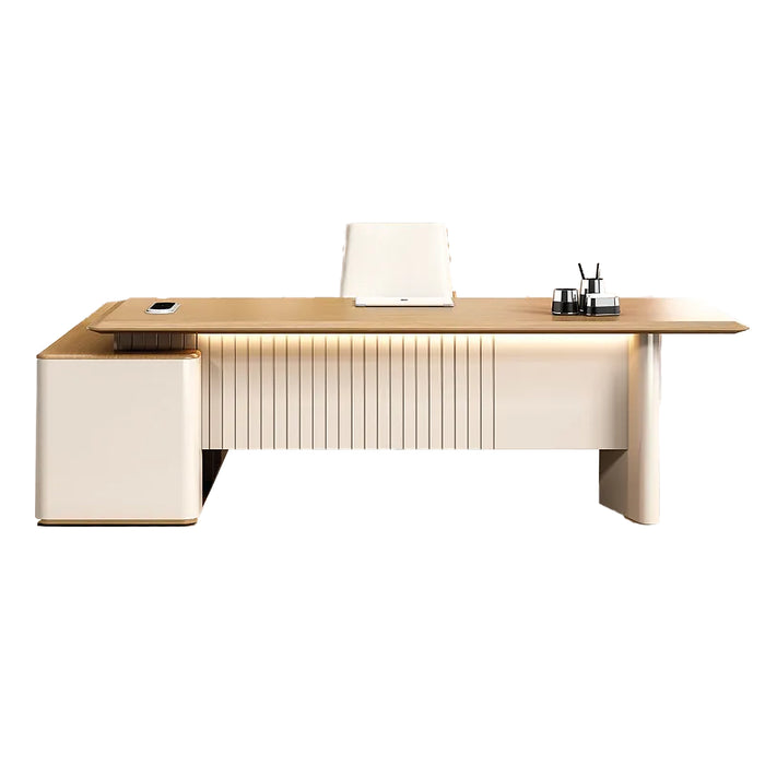 Arcadia Large Modern Teak Morandi Luxe Executive L-shaped Home Office Desk with Drawers and Storage, Cable Management, and Password Lock