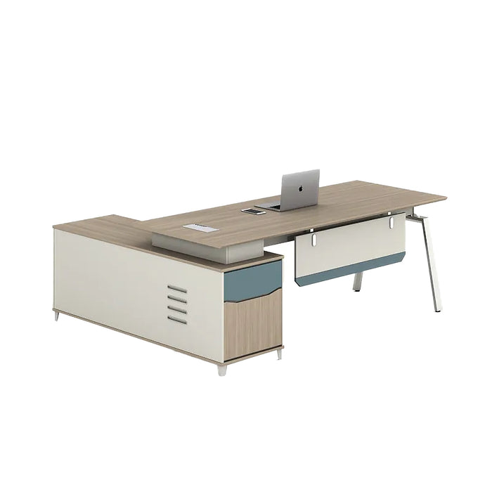 Arcadia Large Modern Cherry Mist Executive L-shaped Home Office Desk with Drawers and Storage, Cable Management, and Password Lock