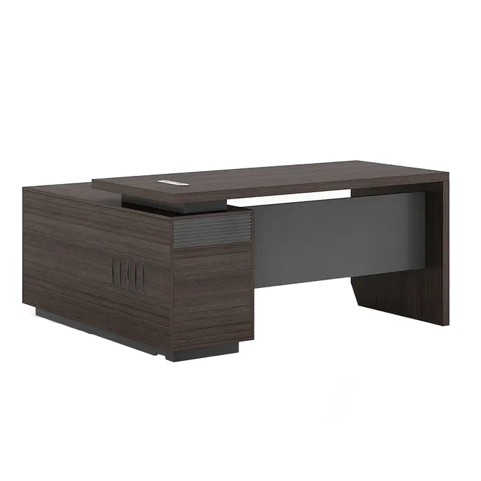 Arcadia Large Modern Teak Stone Mocha Executive L-shaped Home Office Desk with Drawers and Storage, Cable Management, and Password Lock