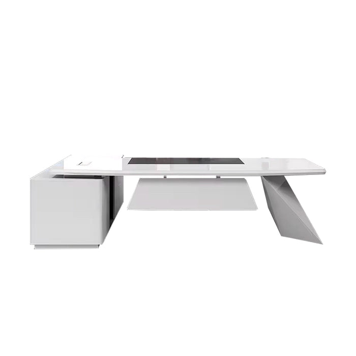 Arcadia Mid-Sized High-End Winter White Executive L-shaped Home Office Desk with Drawers and Storage, and Cable Management