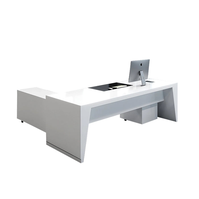 Arcadia Mid-Sized Modern Frosted White Executive L-shaped Home Office Desk with Drawers and Storage, and Cable Management