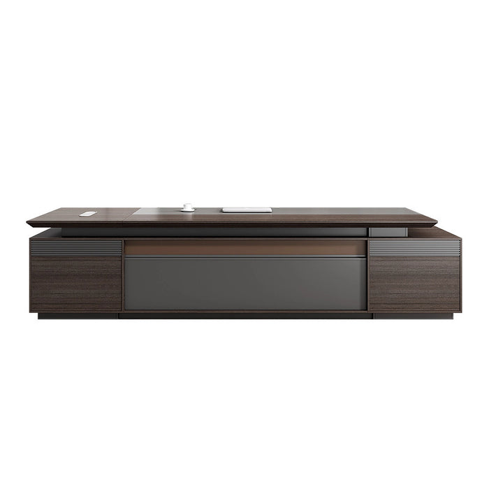 Arcadia Large Modern Ashwood Mocha Executive L-shaped Home Office Desk with Drawers and Storage, Cable Management, and Password Lock