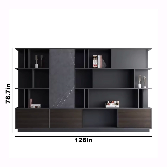 Arcadia High-end Slate Gray and Brown Home Office Residential and Commercial Shelving Wall Unit Library Wall Set | 4 Levels, 10 Shelves, 13 Compartments