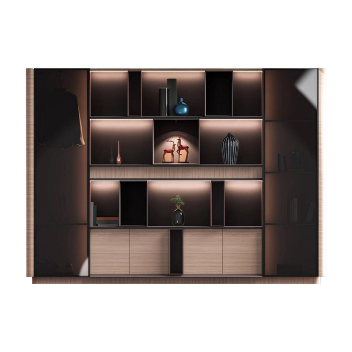 Arcadia High-end High quality Golden Oak Office Residential and Commercial Shelving Wall Unit Library Wall Set | 5 Levels, 14 Shelves, 28 Compartments. 8 Drawers