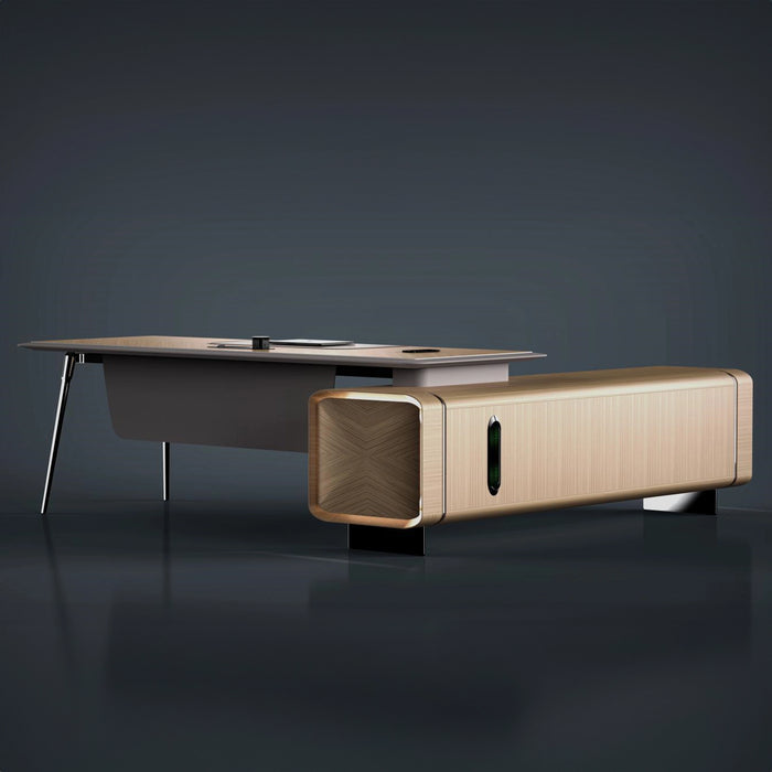 Arcadia 中型高端超高品质金橡木行政 L 形转角家庭办公桌，带抽屉和储物空间、无线和 USB 充电端口以及指纹锁