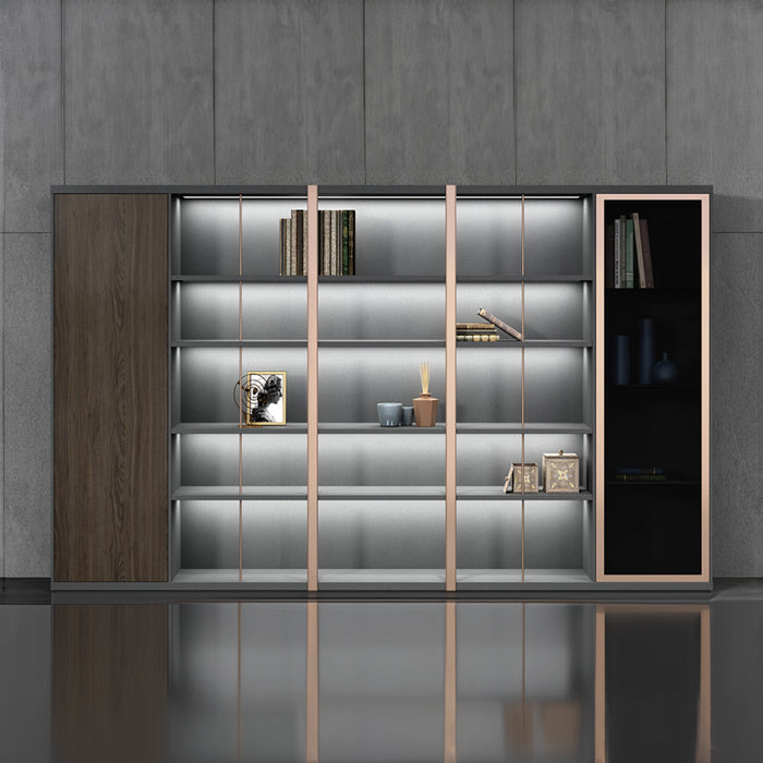 Arcadia Juego de pared de biblioteca residencial y comercial de oficina marrón y tostado de alta calidad de alta gama | 5 niveles, 15 estantes, 17 compartimentos
