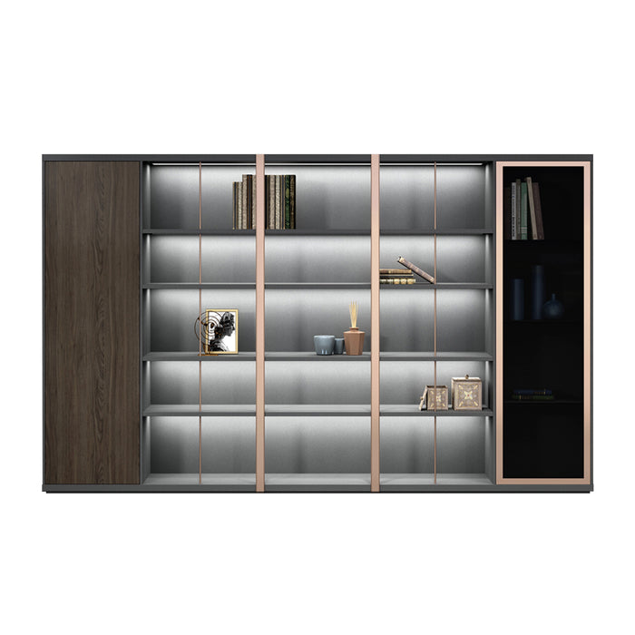 Arcadia Juego de pared de biblioteca residencial y comercial de oficina marrón y tostado de alta calidad de alta gama | 5 niveles, 15 estantes, 17 compartimentos