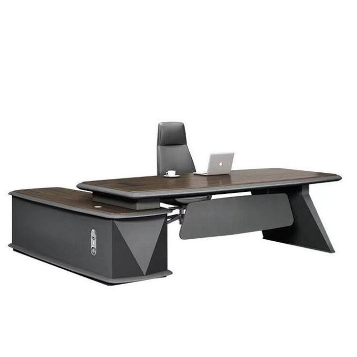 Arcadia Large High-end Ultra High Quality Charcoal Gray and Oak Brown Executive L-shaped Corner Home Office Desk with Drawers and Storage, USB Charging Ports, and Mechanical Lock