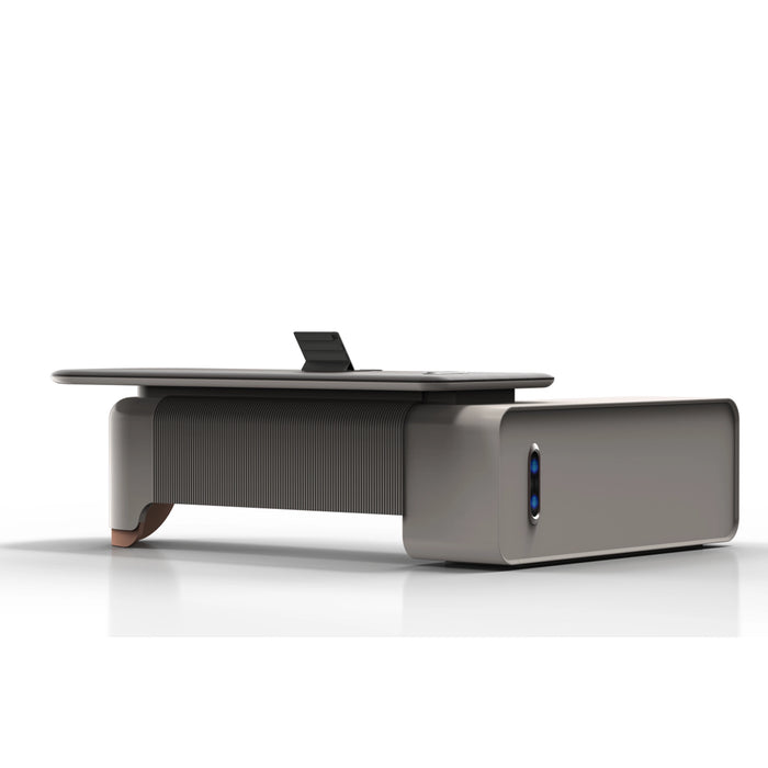 Arcadia Mid-sized High-end Ultra High Quality Metallic Gray Executive L-shaped Corner Home and Commercial Office Desk with Drawers and Storage, Cord Management, and Mechanical Lock