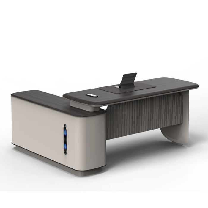 Arcadia Mid-sized High-end Ultra High Quality Metallic Gray Executive L-shaped Corner Home and Commercial Office Desk with Drawers and Storage, Cord Management, Baffle, and Mechanical Lock