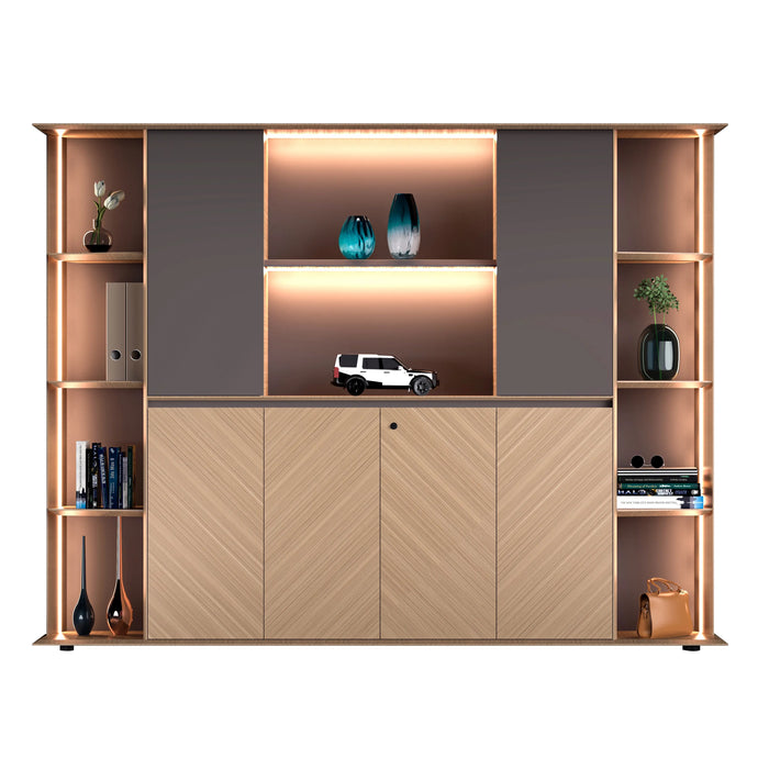Arcadia High-end High quality Golden Oak Office Residential and Commercial Shelving Wall Unit Library Wall Set | 4 Levels, 11 Shelves, 17 Compartments. 6 Drawers