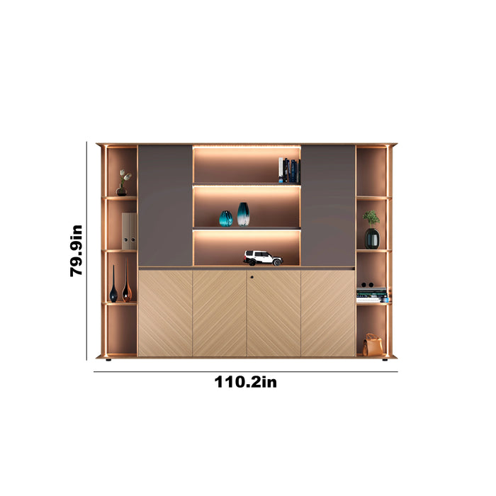 Arcadia High-end High quality Golden Oak Office Residential and Commercial Shelving Wall Unit Library Wall Set | 4 Levels, 11 Shelves, 17 Compartments. 6 Drawers