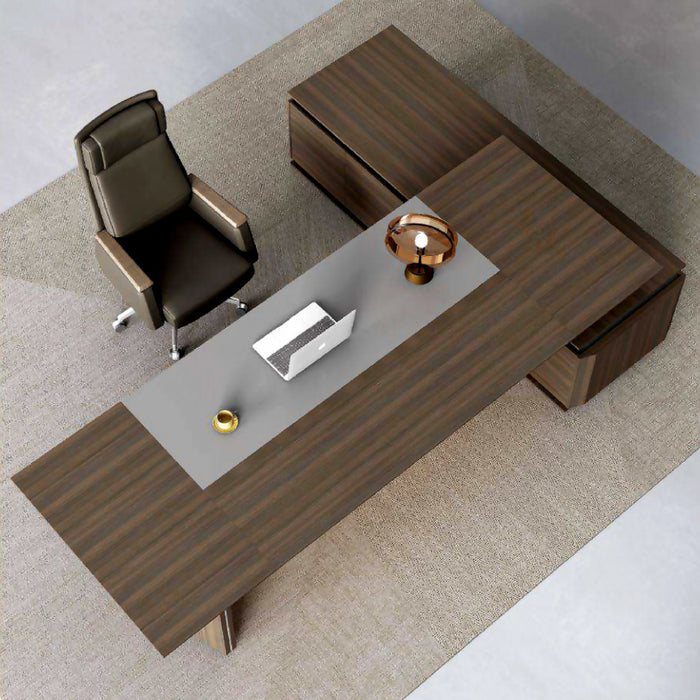 Arcadia 时尚专业橡木棕色和灰色行政 L 形办公桌，带抽屉和存储空间，适合家庭和商业使用，配有回纸台、电缆管理、密码锁、无线充电端口和宽敞的设计