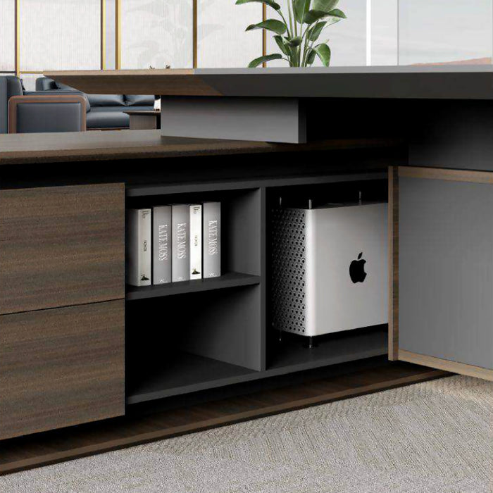 Arcadia Classic Professional Oak Brown and Gray Executive L-shaped Office Desk with Drawers and Storage for Home and Business Use with Return Desk, Cable Management, Password Lock, Wireless Charging Ports, and Spacious Design