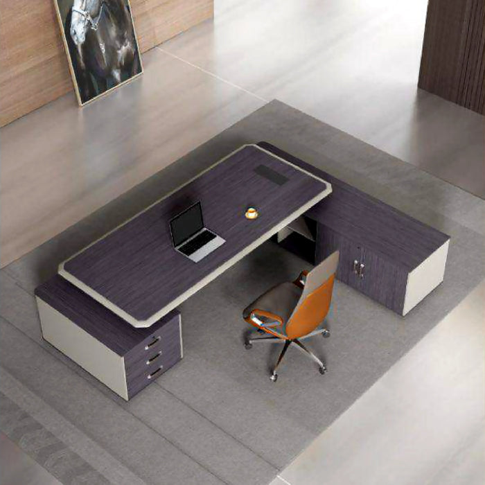 Arcadia 宽敞专业米色棕褐色和深蓝色/黑色行政 L 形办公桌，带抽屉和存储空间，适合家庭和商业使用，配有回程桌、电缆管理、密码锁和宽敞的设计