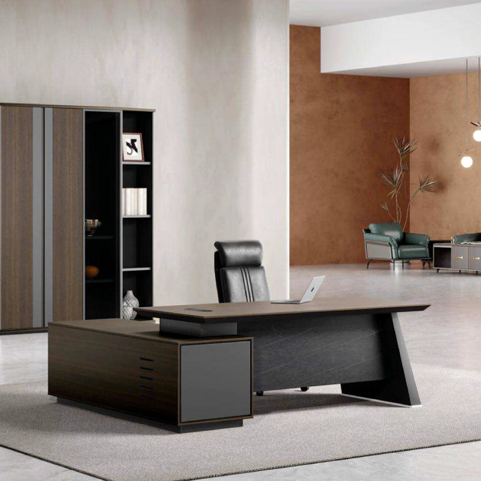 Arcadia Sleek Professional Black and Brown Executive L-shaped Office Desk with Drawers and Storage for Home and Business Use with Return Desk, Cable Management, Password Lock, and Spacious Design