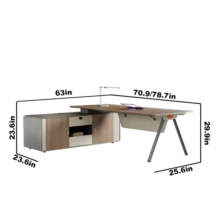 Arcadia 大号（70 至 80 英寸）高端棕色和棕褐色灰色 L 形家庭办公桌，带抽屉和储物空间、电缆管理和无线充电 + USB